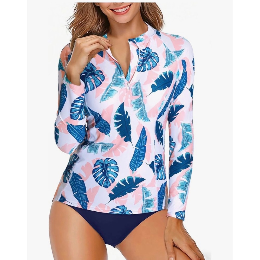 Womens XS Long Sleeve Rash Guard Swimsuit Top Tropical Blue Pink White
